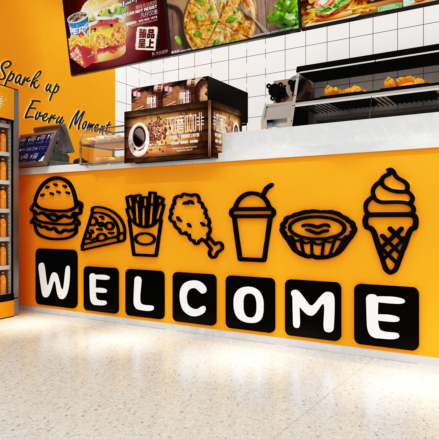 网红汉堡店墙面装饰品披萨炸鸡广告海报背景挂画前吧台贴纸中国
