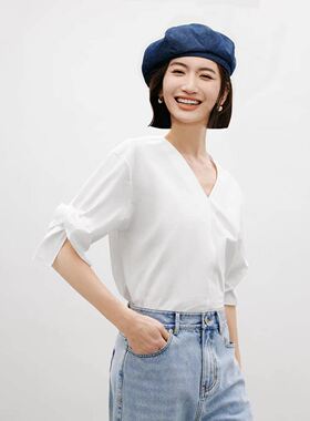 设计感100%纯棉开叉系带衬衫