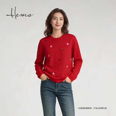 海尔曼斯25冬季新品马年限定骏马鸿运刺绣圆领羊毛针织衫250M2B41