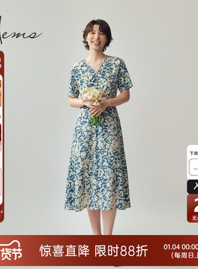 海尔曼斯25春夏V领18mm真丝弹力双绉印花高腰线连衣裙25827C6Q