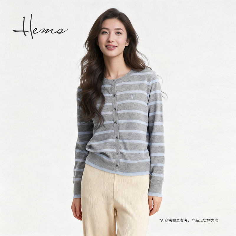 海尔曼斯25秋冬新品老钱千金慵懒高级感羊毛条纹针织开衫250N0D41