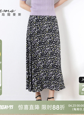 海尔曼斯棉桑蚕丝混纺半身裙时尚印花裙收腰通勤休闲半裙22899C9L