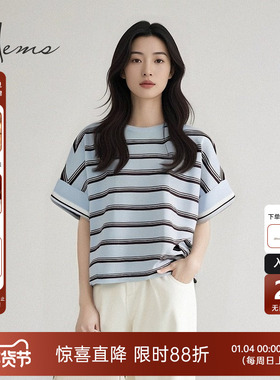 海尔曼斯25春夏新品圆领条纹休闲慵懒宽松针织短袖T恤女25052C9E
