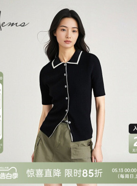 海尔曼斯夏季轻薄透气羊毛Polo领老钱风休闲针织短袖女H4009A4E