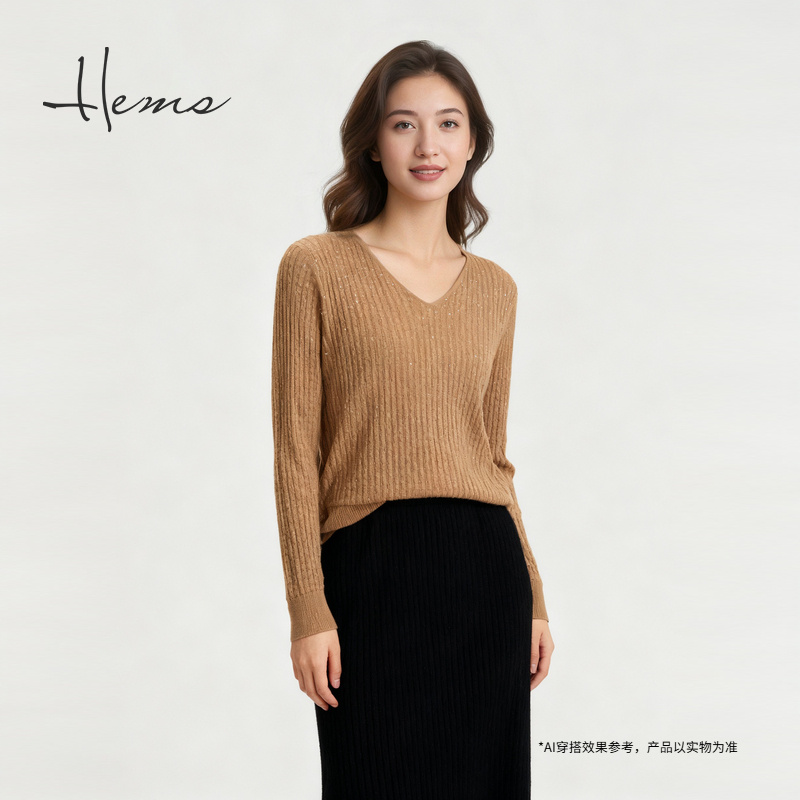 海尔曼斯25秋冬新品高智感通勤老钱风麻花慵懒V领羊毛衫D4908D9R