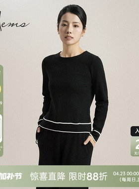 海尔曼斯25春新款羊毛针织衫48支单股16针撞色饰边休闲女D5904A4E