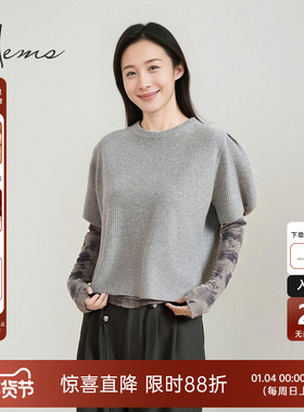 海尔曼斯25秋冬新品氛围感韩系女神花苞袖短袖羊毛针织衫D4902D41