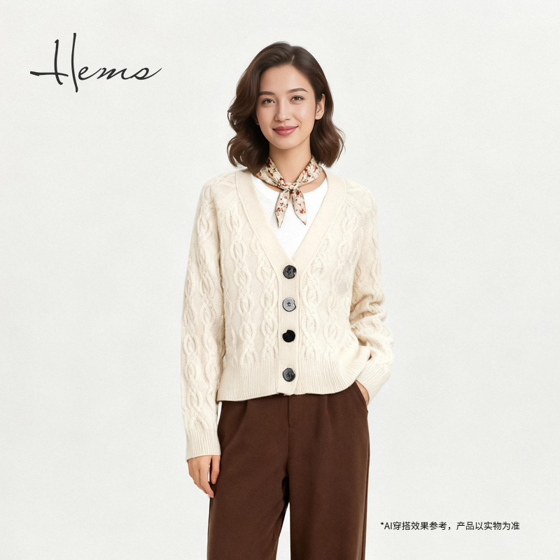 海尔曼斯25冬季新品通勤百搭衣橱老钱风经典麻花羊毛开衫D0905B41