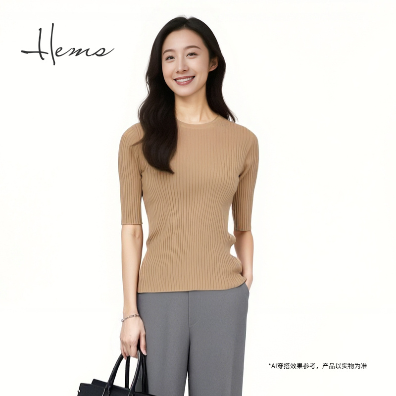 海尔曼斯春夏新品云感轻盈羊毛坑条修身圆领针织T恤女D0935D40
