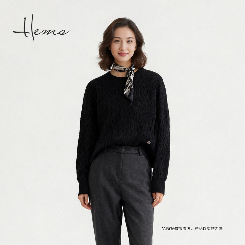 海尔曼斯25秋冬新品精英衣橱老钱风松弛麻花圆领羊毛针织D40A3D4E