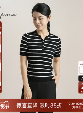 海尔曼斯25新款绵羊毛条纹针织衫短袖显瘦时尚百搭春夏款H4003A4E