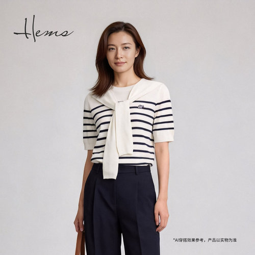 海尔曼斯26春季新款城市轻运动披肩两件式棉毛融暖条纹衫2603ZA9E