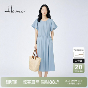 海尔曼斯春夏简约纯色圆领收腰A字版 休闲松弛连衣裙D1604C64 长款