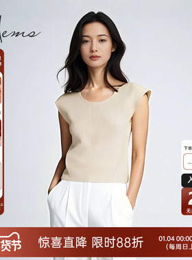 海尔曼斯春夏新品清凉透气小飞袖圆领淡人穿搭针织小衫女24068C3E