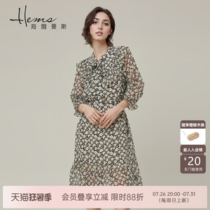 海尔曼斯桑蚕丝泡泡袖印花连衣裙气质v领裙子真丝收腰显瘦女长裙