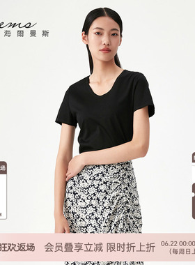 【门店同款】海尔曼斯夏季新款短袖棉T恤黑色休闲女上衣纯色简约