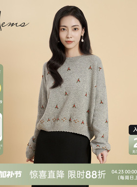 海尔曼斯26支绽纺手工钩花羊毛复古撞色针织衫保暖气质D4947D41