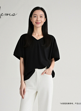 海尔曼斯25春夏新品精英衣橱高智感气质松弛V领棉T恤女24805C94