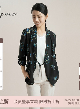 海尔曼斯25春新桑蚕丝外套真丝西装港风花色女外套一粒扣D2602A67