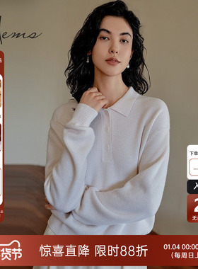 海尔曼斯门店同款山羊绒针织衫polo领短款落肩袖陶瓷纽扣240N8B71