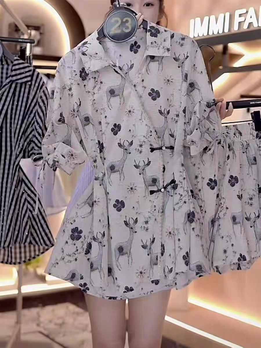 新中式国风套装女夏季新款气质收腰印花盘扣衬衫短裤女装两件套