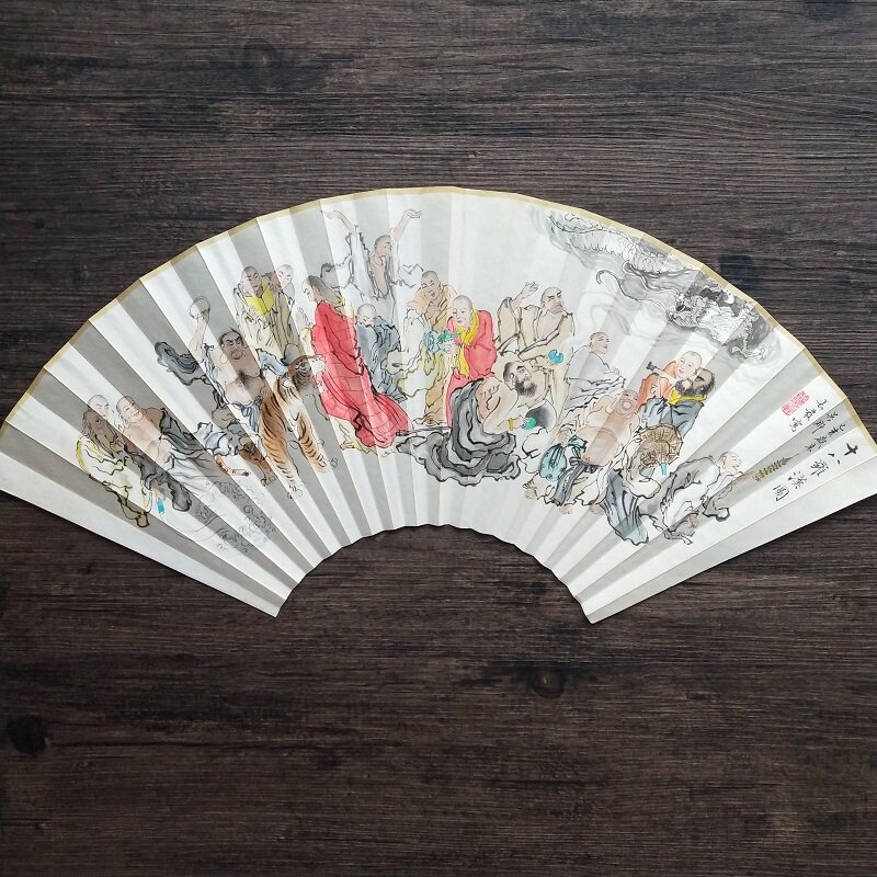 纯手绘扇面工笔人物画十八罗汉图可定制尺寸书法扇子画苏工超薄面