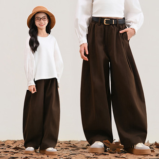 女童休闲长裤秋冬新款弯刀直筒阔腿裤纯棉长袖前短后长卫衣