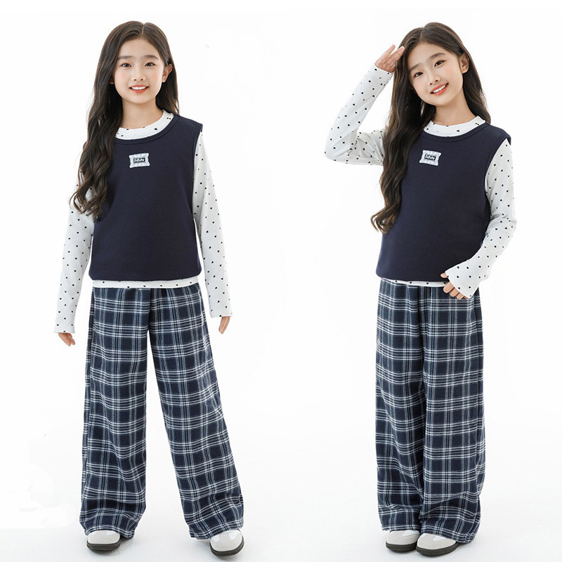 女童阔腿裤学生马甲T恤三件套装
