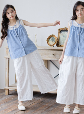 新款洋气儿童夏装中大童公主刺绣格子吊带套装女大童学院风森系