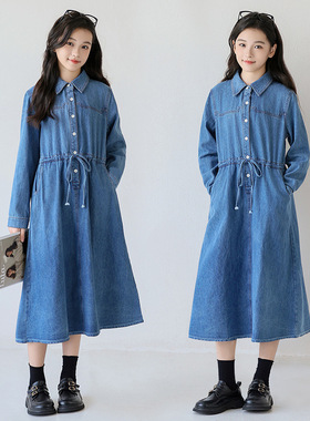 中大童女童连衣裙春秋长袖牛仔裙2025儿童收腰洋气裙子