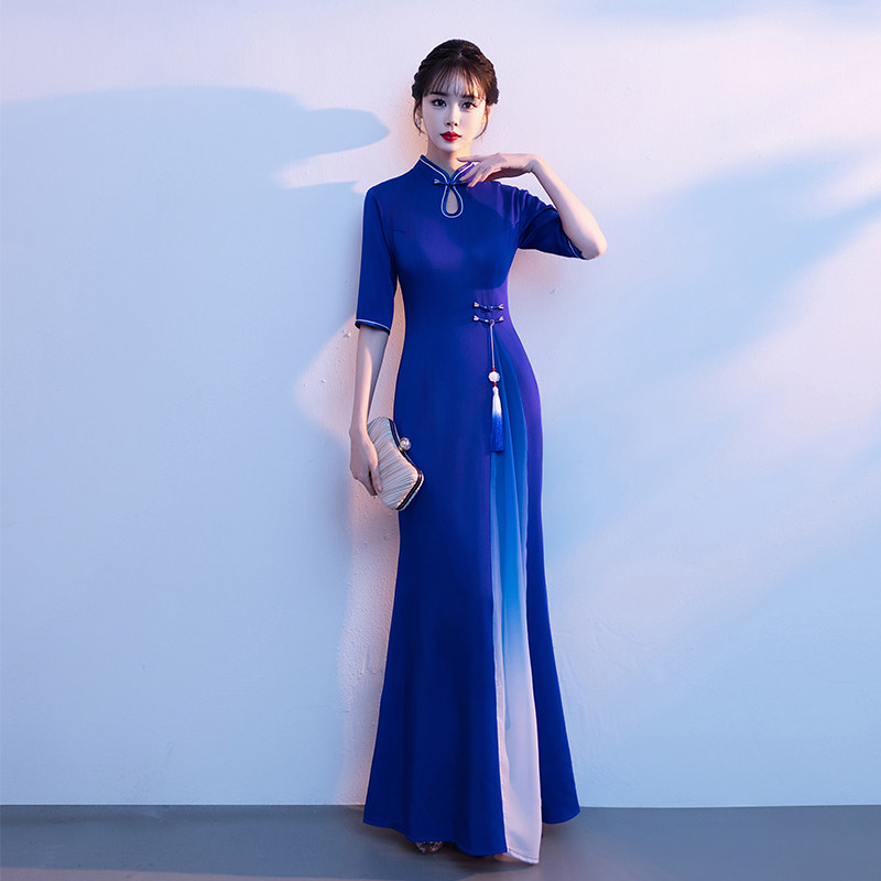 中式旗袍大合唱团演出服飘逸长裙女古典古筝表演服装礼仪迎宾礼服