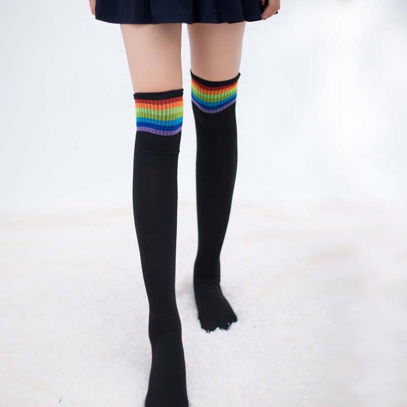 过膝彩色条纹学生长筒袜