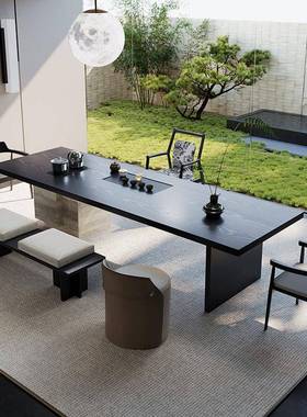 轻奢现代高级感黑色实木茶桌烧水壶一体嵌入式茶台2025设计师新款