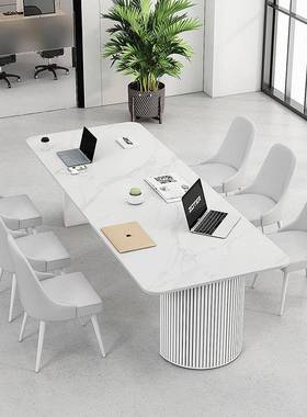 定做岩板会议桌长桌洽谈桌白色美容院2米工作台接待长条办公桌椅