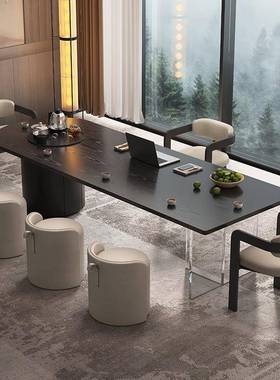 意式轻奢黑色实木茶桌办公桌一体两用2025新款高级感茶台大板禅意