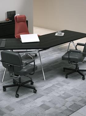 实木黑色不锈钢办公桌简约现代老板电脑桌书桌个性商务工作台轻奢