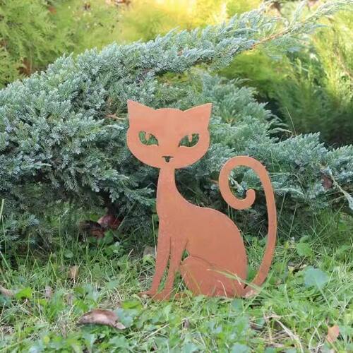 复古花园装饰地桩铁艺猫咪雕塑乡村庭院摆件生锈金属小猫花盆插件