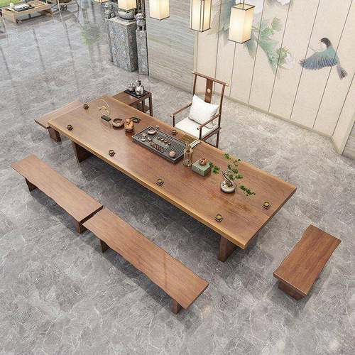 大板实木茶桌新中式酒店办公室接待茶台3米8大茶几禅意茶桌椅组合