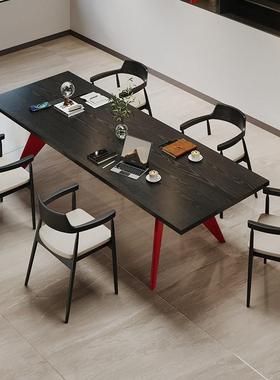 意式黑色实木长桌办公桌工作台简约现代小型6人会议桌轻奢高级感