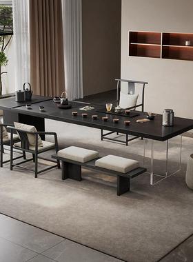 意式黑色实木长条茶办一体桌烧水壶一体嵌入式办公室接待室设计师