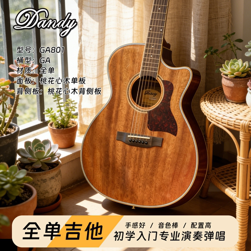 DANDY丹迪GA801全桃花心木全单40.5寸民谣吉他入门进阶弹唱