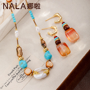 异国情调自然石珍珠项链耳环套装原创小众轻奢精工耳饰项链一套