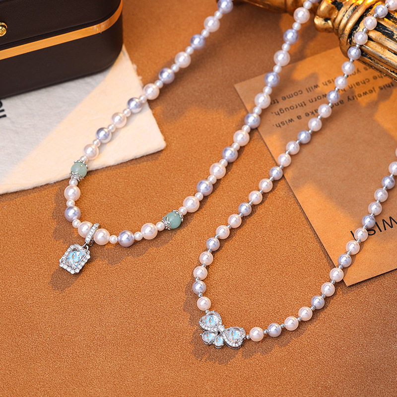 闪锆蓝宝石方糖吊坠珍珠项链女轻奢小众感2025新款百搭锁骨链