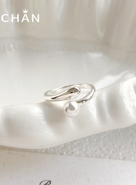 个性几何简约玻璃珍珠开口戒可调节大小潮流时尚冷淡风指环手饰女