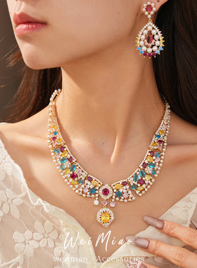 欧美气质新娘首饰锆石两件套装满钻气质项链耳环礼服晚宴配饰套链