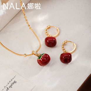铜镀18K真金柿柿如意耳环项链本命年红色毛衣链复古百搭首饰套装