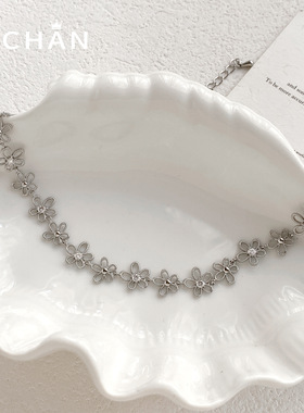 复古镂空花朵锆石脖链简约仙美闪钻时尚通勤绝美锁骨链项链耳配饰