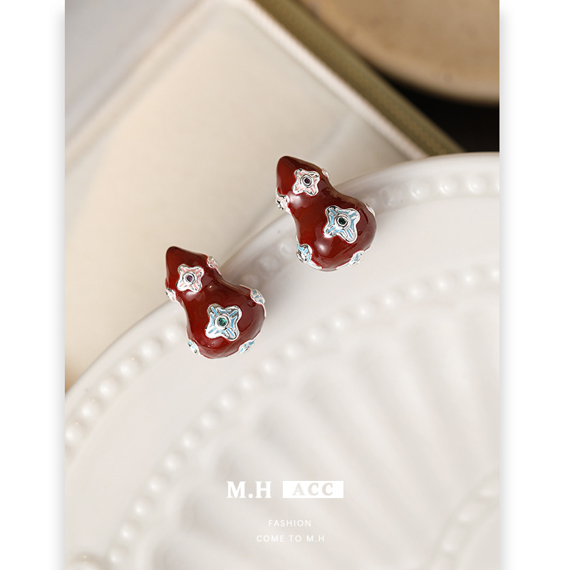 新中式红色滴油花朵葫芦耳钉女个性精致时尚耳环气质百搭耳环耳饰