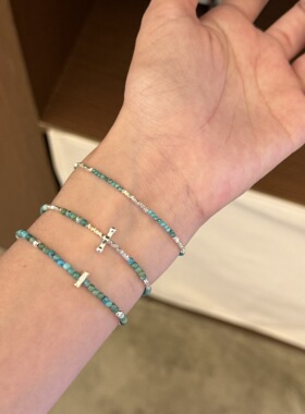 S925纯银不规则碎银子绿松石手链女简约手工设计百搭个性手环ins