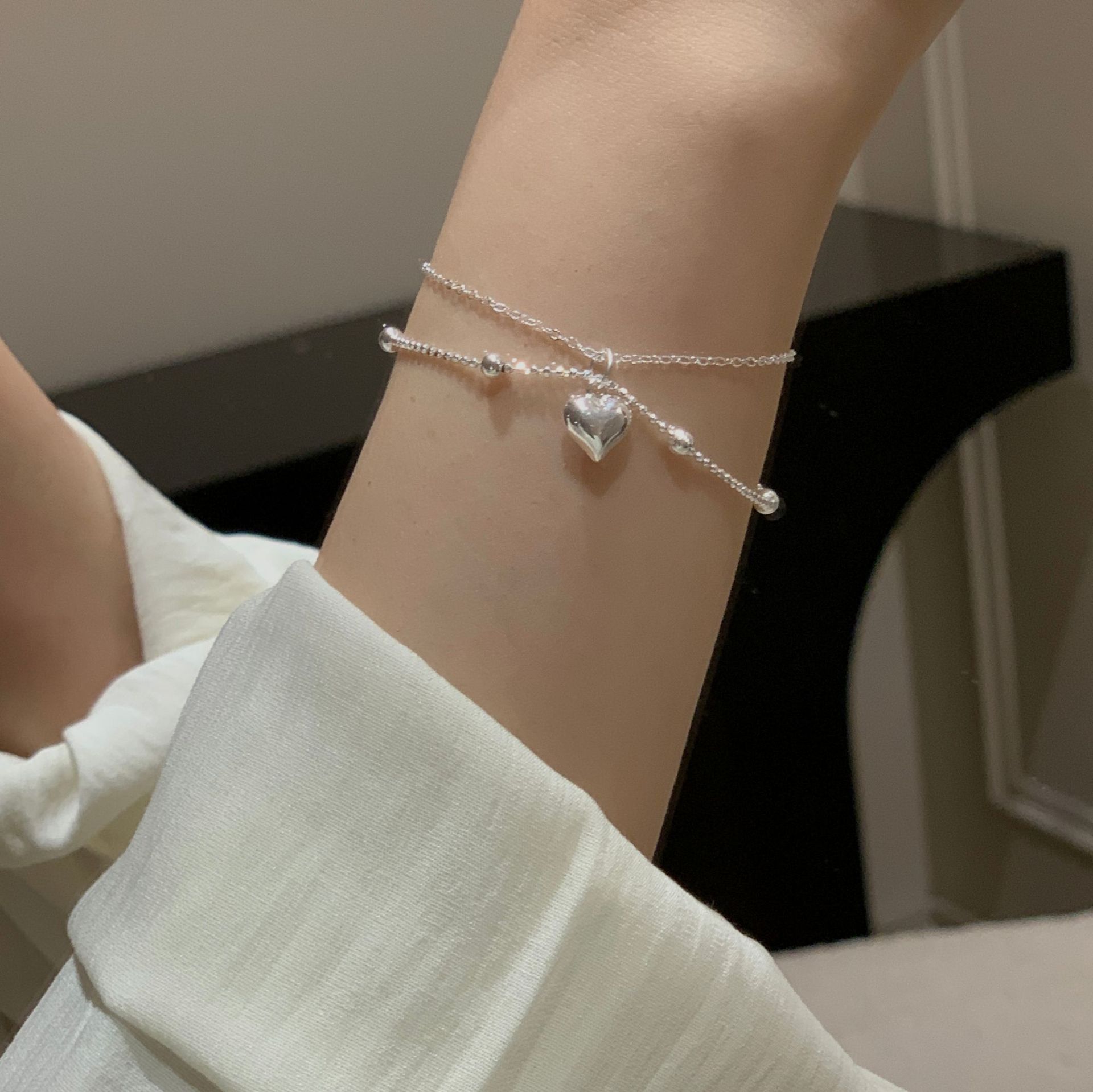 s925纯银小众设计双层爱心手链女韩版简约感圆珠手饰品